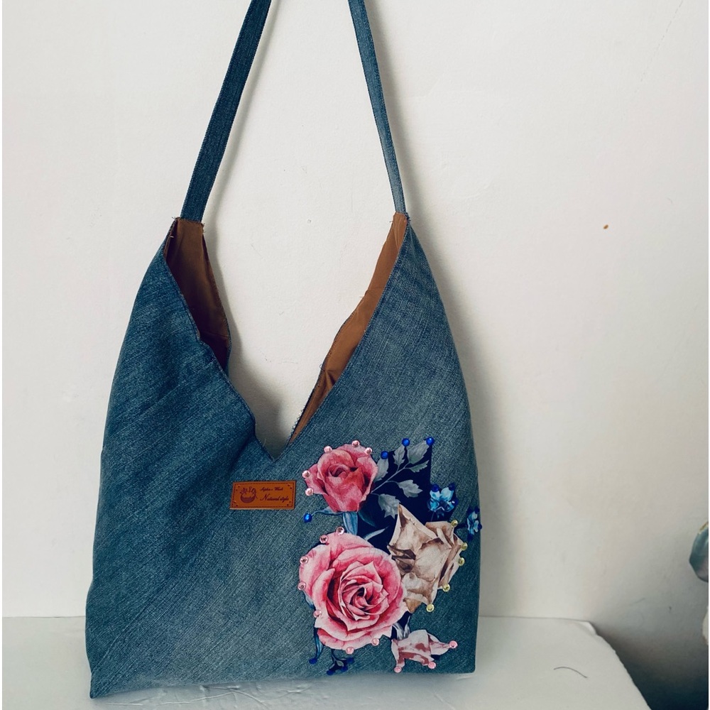Upcycle Criss Cross Denim Shoulder Bag With Flowers Fully Lined  15”Wx10”H